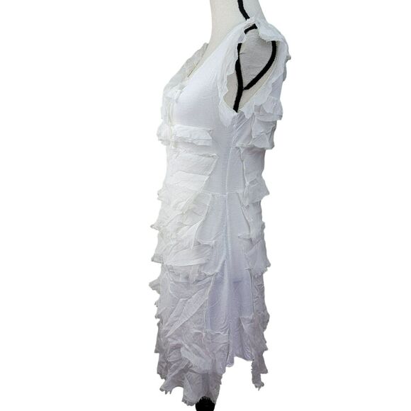 White Ruffle Dress Womens Sz S Funky Tiered Raw Edge Mini Scoop‎ Neck Sleeveless - Picture 4 of 6